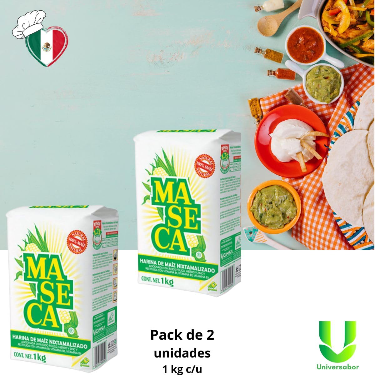 Pack de 2 Maseca Harina de Maíz Blanco 1kg Nixtamalizada para Tortillas Tamales