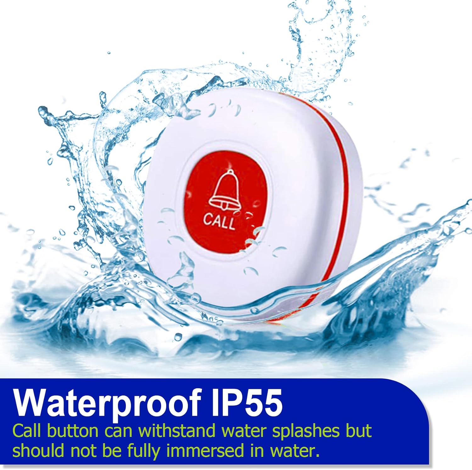 Daytech Call Button with water splashing on it, illustrating its IP55 waterproof rating.