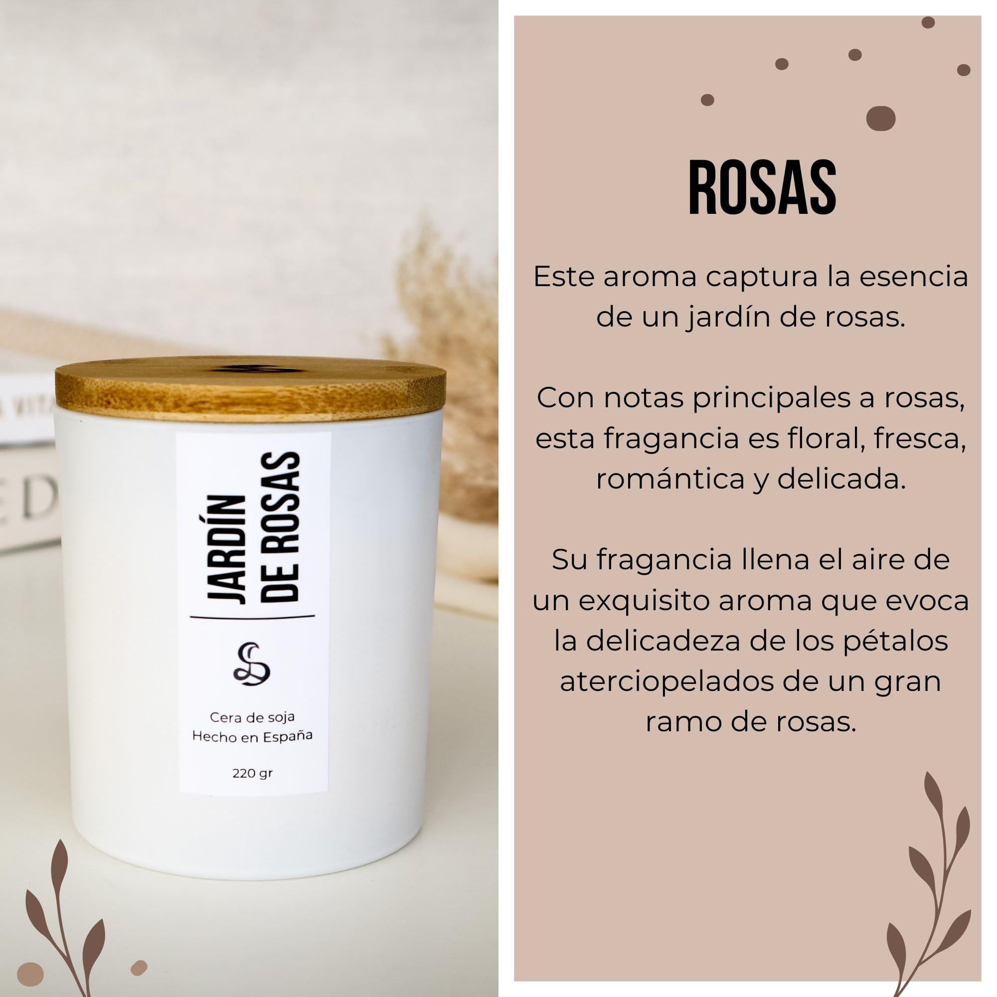 Vela Aromática de Rosas Grande - Aroma Intenso | Cera de Soja, Mecha de Madera, Cerillas de Regalo