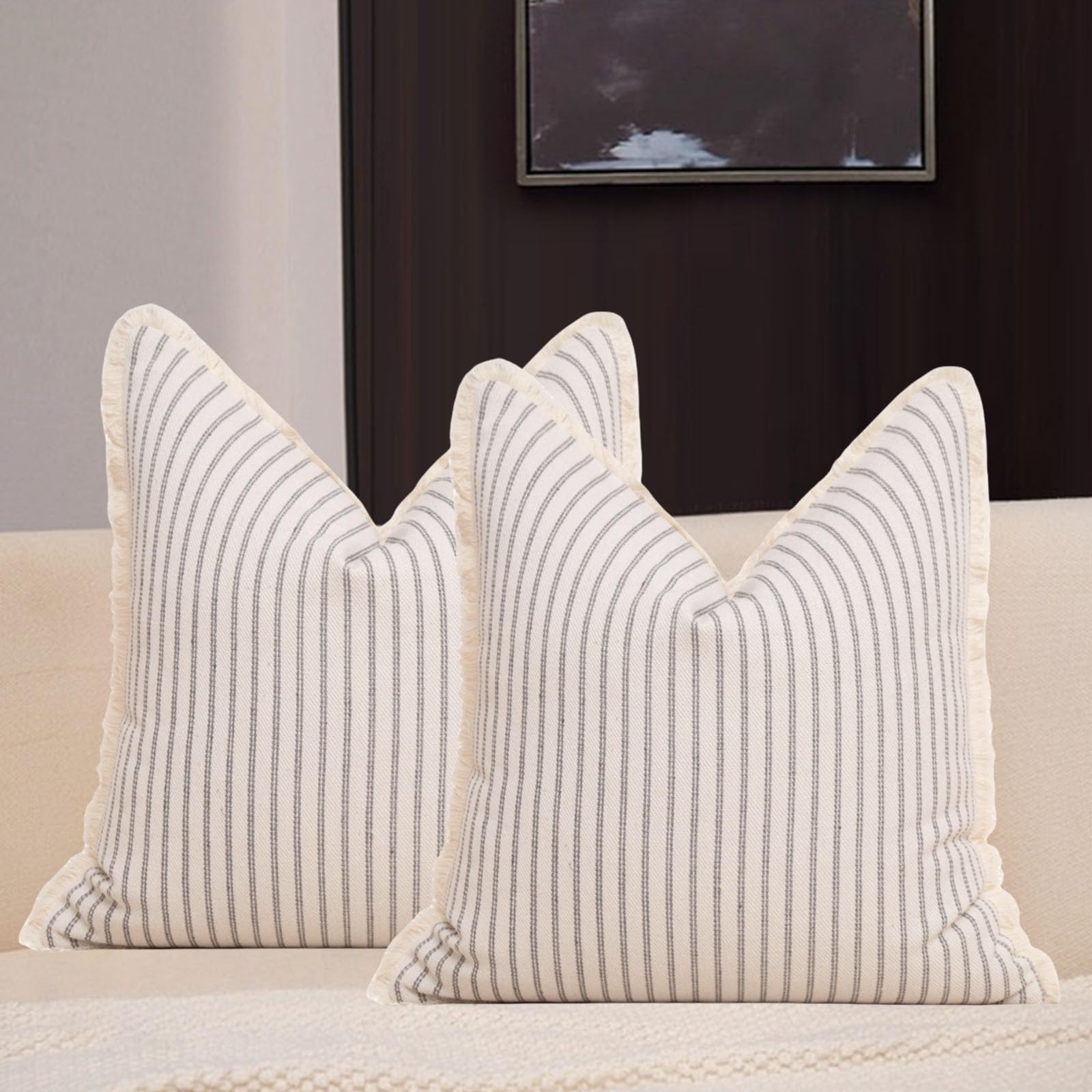DLZMO Striped Farmhouse Throw Pillow Covers 18x18 Inch Set of 2 Boho Pillow Cover Cotton Neutral Pillow with Tassel Fringe for Sofa Couch Bed Living