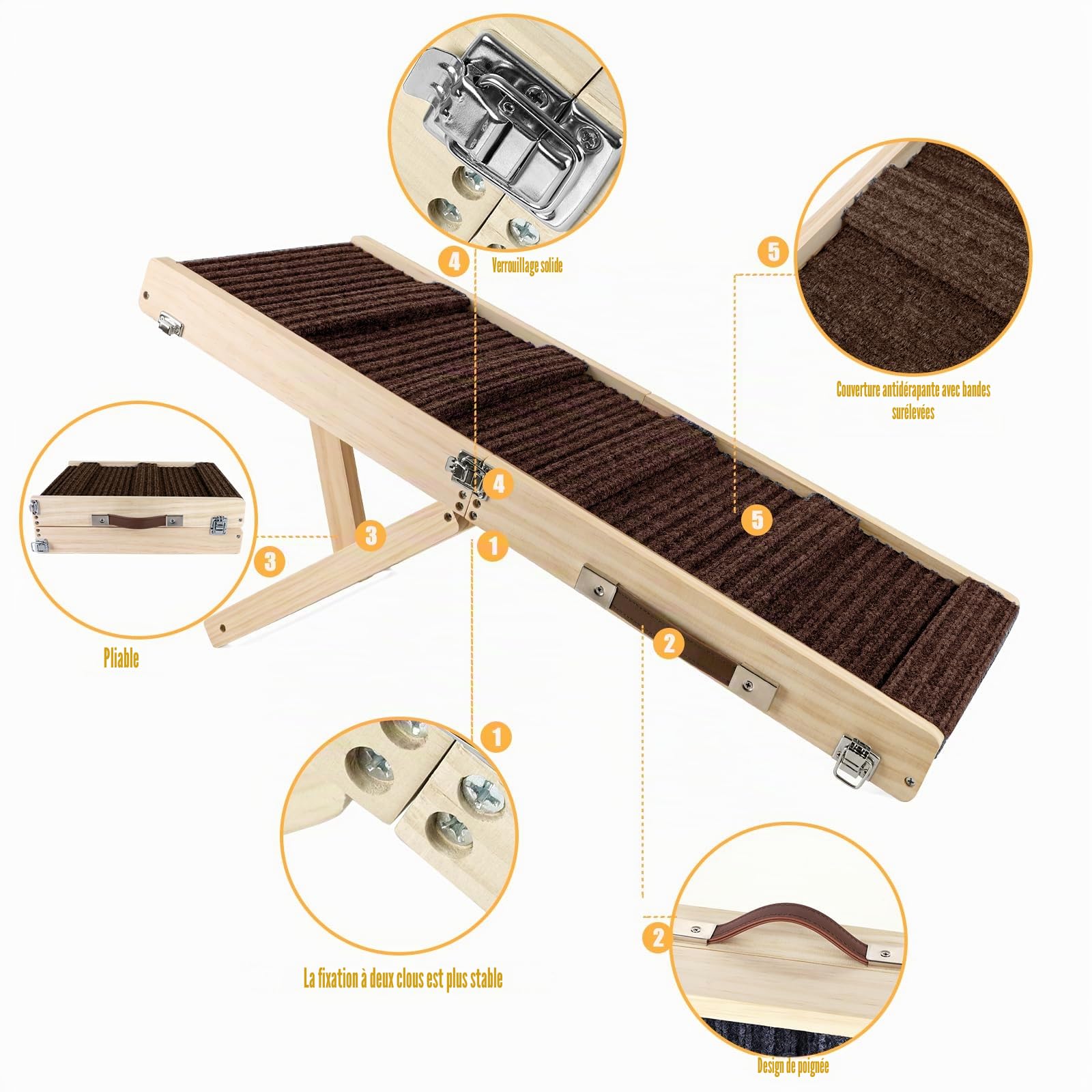 Rampe d'escalade pour chien réglable pliable 81,3 cm bois tapis antidérapant pour petits chiens
