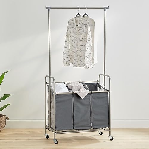 Miniatura 7 de mDesign Clasificador de ropa portátil con ruedas y barra para colgar ropa, sistema de carrito de metal resistente con 3 cestas organizadoras de
