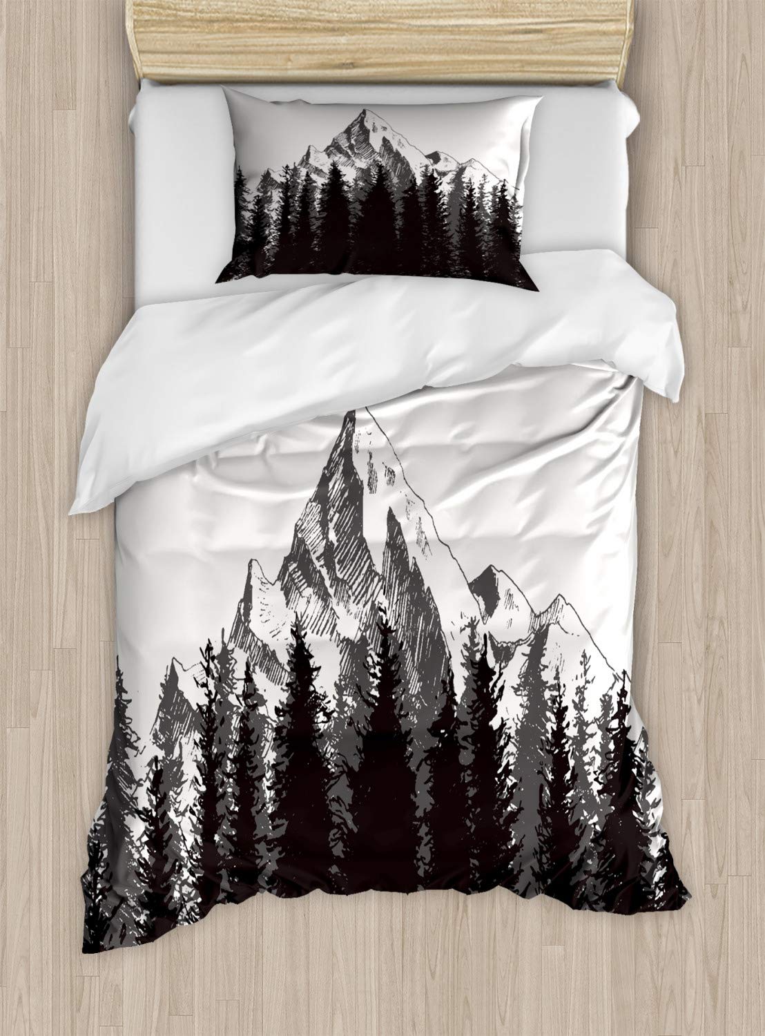 Ambesonne Prehistoric Duvet Cover Set, Mountain Fir Forest and Arrow Folk Style Retro Print, Decorative 2 Piece Bedding Set with 1 Pillow Sham, Twin Size, Taupe Grey