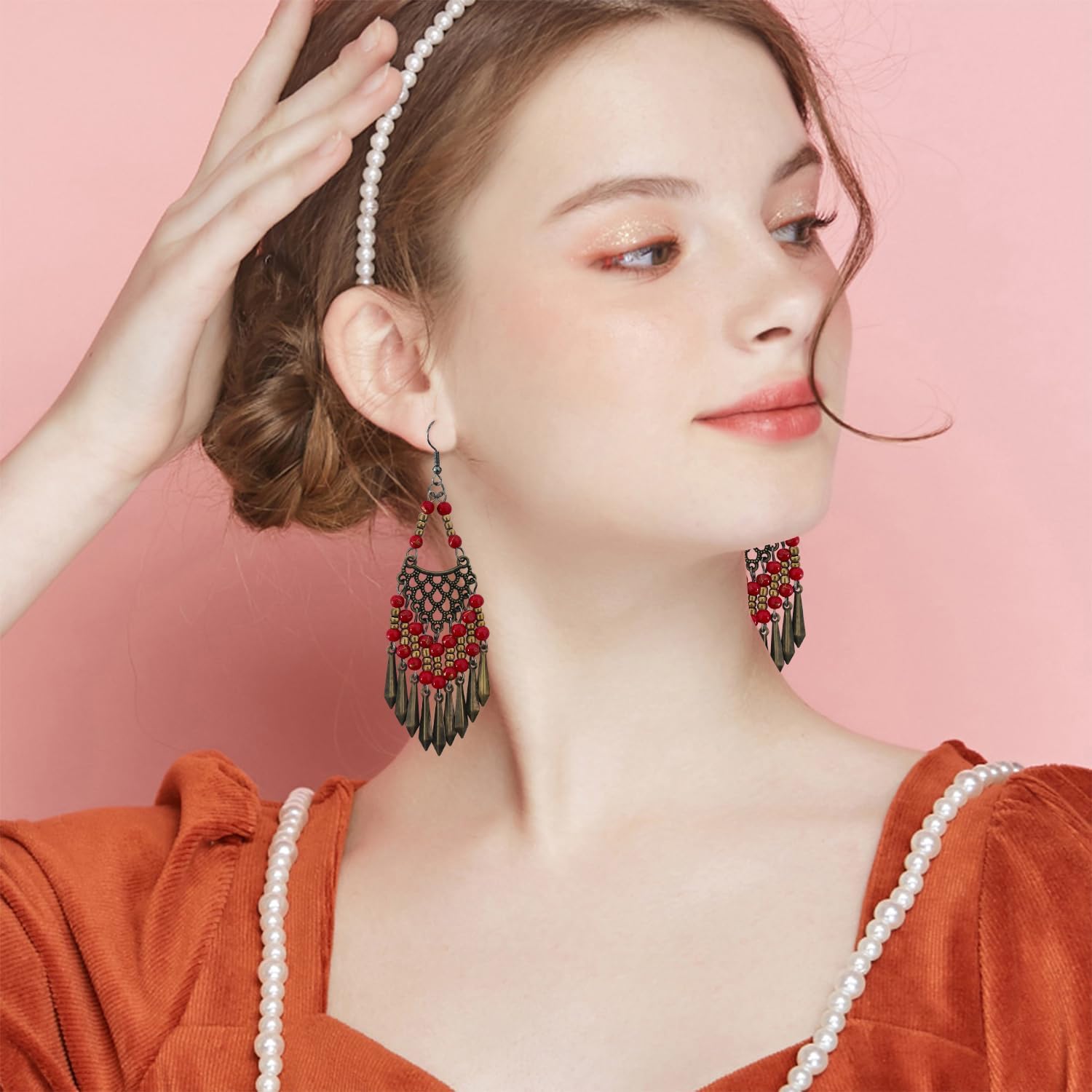 Handmade Vintage Bronze Bohemian Long Tassel Colorful Bead Dangle Drop Earrings Big Tribal Chandelier Geometry Hook Earrings for Women Statement Jewelry Gifts - Image 4