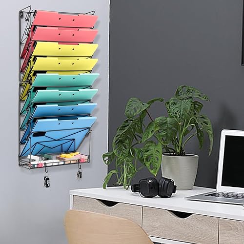 Miniatura 6 de GALASALA Wall File Organizer, 10 Pockets Mesh Hanging File Organizer, Mail Organizer Wall Mount With Hooks, Wall Organizer Magazine Rack for Office