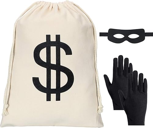 Juego de disfraz de ladrón, incluye bolsa de dinero con signo de dólar de 11.8 x 15.7 pulgadas, guantes negros, máscara de ojos para fiesta de