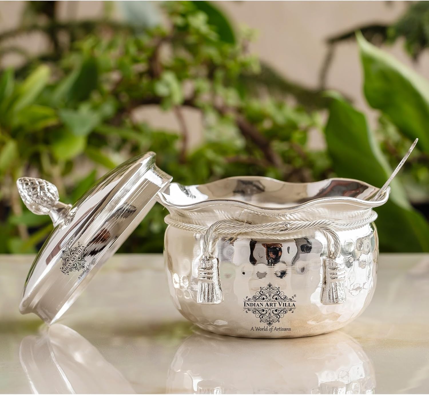 Indian Art Villa Silver-Plated Designer Bowl with Lid and Spoon Set – Elegant Giftware, Perfect for Weddings, Festivals, and Special Occasions
