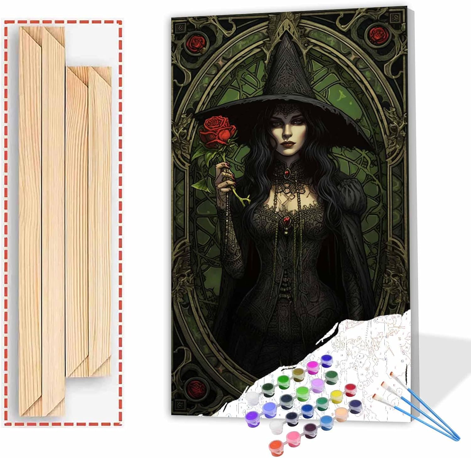 Tucocoo Red Roses Paint by Number for Adults Black Witches DIY Acrylic Oil Painting for Adults Kids Halloween Witch Hats Paint by Number Ghost Paint Number Kits Home Wall Decoration 12"x20"inch Frame 12''x20''(DIY Frame) Paint by number-Witchs 05