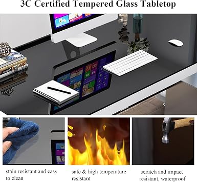 Tempered Glass Computer Desk Modern Office Desk With U-Shaped Metal Frame Sturdy Writing Desks Table Gaming Desk For Home Office Workstation(Black,31.4inch)