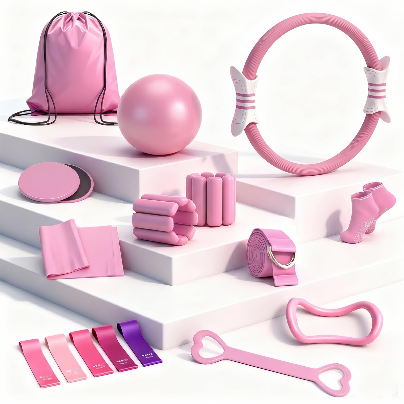 Kit Pilates 14PCS Rose – Kit Pilates Maison avec Anneau, Ballon, Bandes de Résistance – Set Entraînement Complet