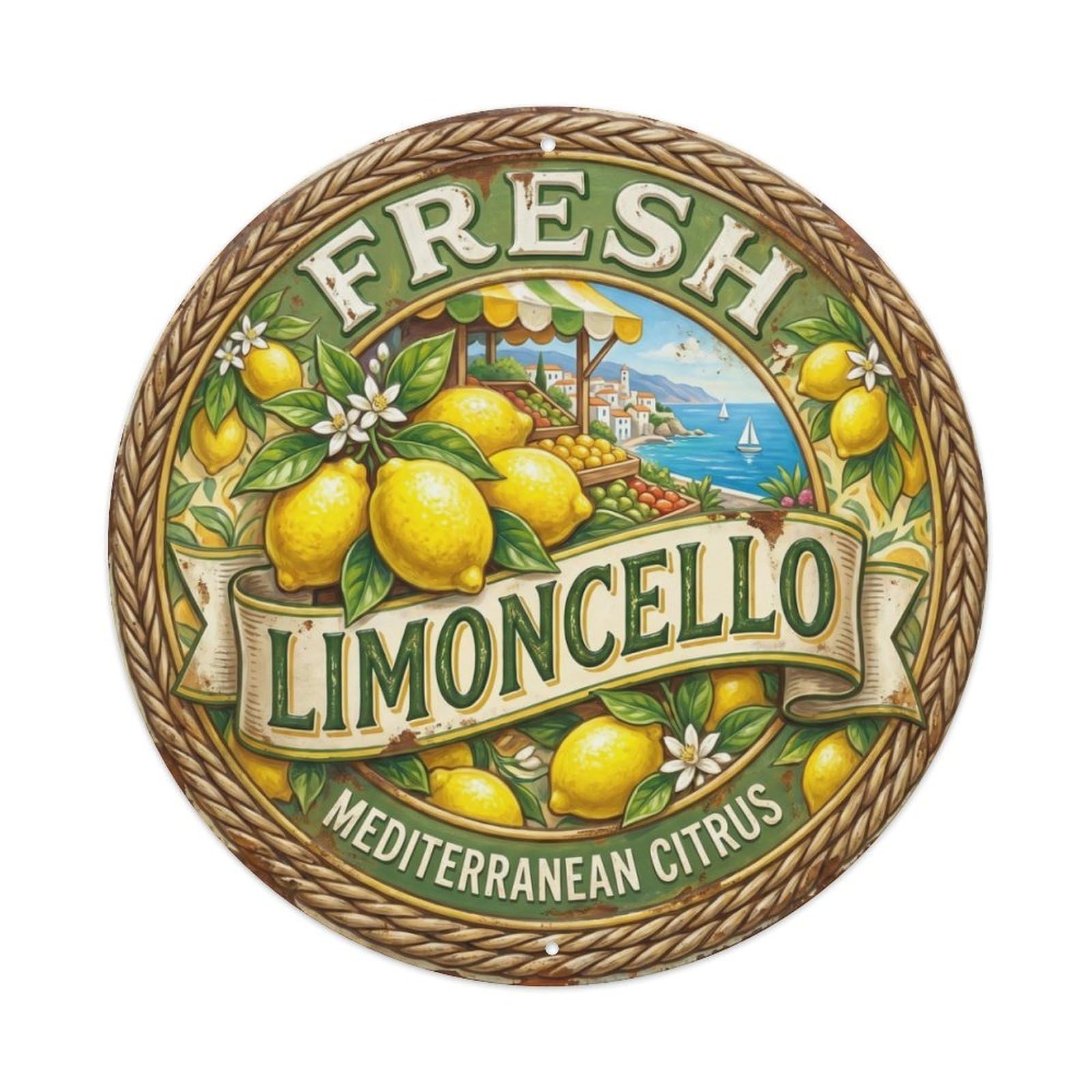 Fresh Mediterranean Citrus Seal Metal Tin Sign Plaque Wall Decor for Cafe, Club Bar, Office, Home Garden Round Metal Poster 8x8Inch