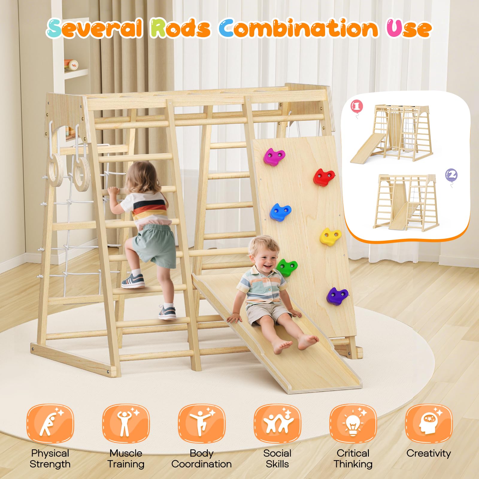 Gran juguete de escalada, escalera de madera con anillos colgantes, columpios, toboganes, pared de escalada, parque de juegos interior – Torre de escalada Montessori plegable de madera para