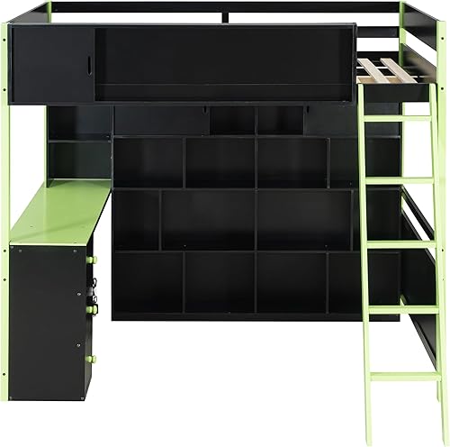 Miniatura 164 de Cama tipo loft de tamaño individual con 3 estantes, 2 armarios y 2 cajones, cama alta funcional con escalera de almacenamiento, marco de cama loft