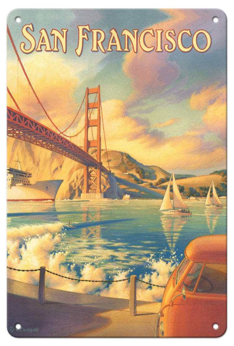 Pacifica Island Art San Francisco California - Golden Gate Bridge - Marin Headlands - Vintage Travel Poster by Kerne Erickson - 8 x 12 inch Vintage Metal Tin Sign
