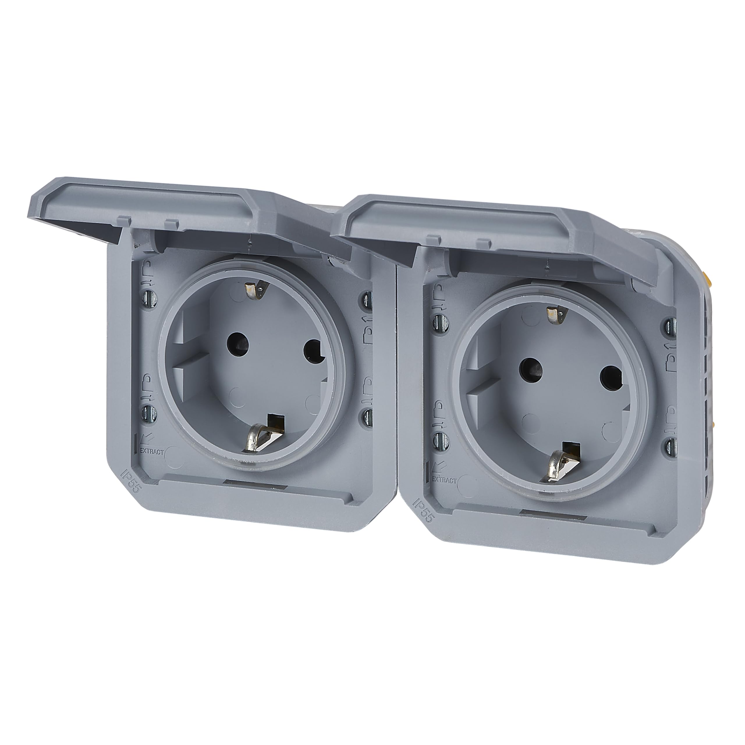 LEGRAND, Plexo New 069576L Prise pour pièces humides 2 prises Schuko standard avec couvercle à charnière, protection anti-contact, pré-câblée, horizon