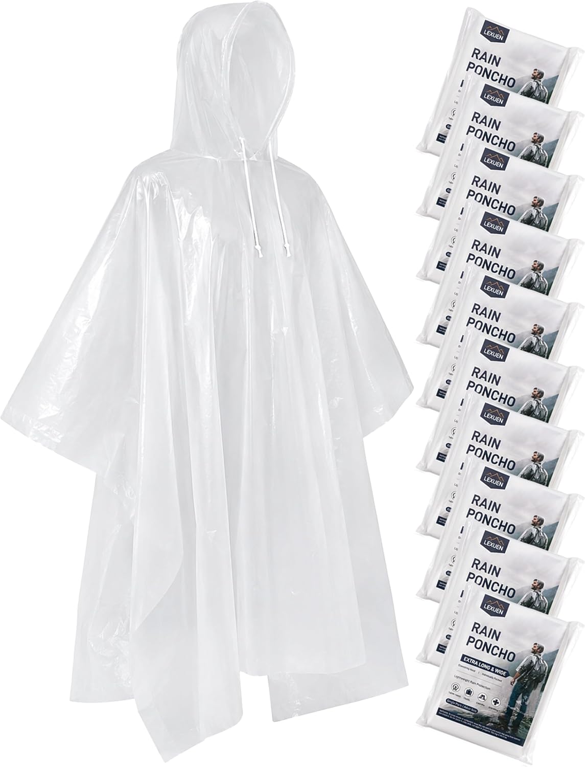 Disposable Rain Ponchos for Adults, Extra Long and Thickened with Drawstring Hood (5 Pack)