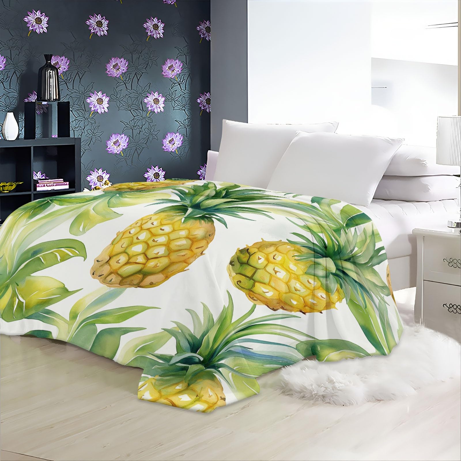 Manta de Forro Polar Amarillo Verde Suave y esponjosa, Manta cálida para Cama Piña Verde Acuarela Fresca y Dulce para Dormitorio Sala de Estar Oficina 180 x 220 cm