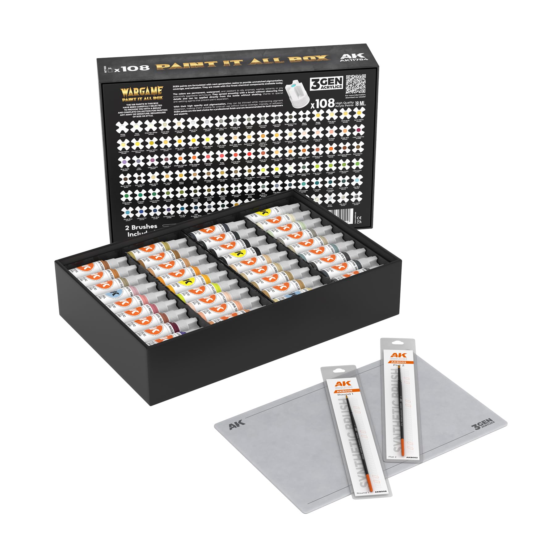 AK Acrylics 3Gen SET AK11784 WARGAME PAINT IT ALL BOX (108x17ml) + 2x brush + mat