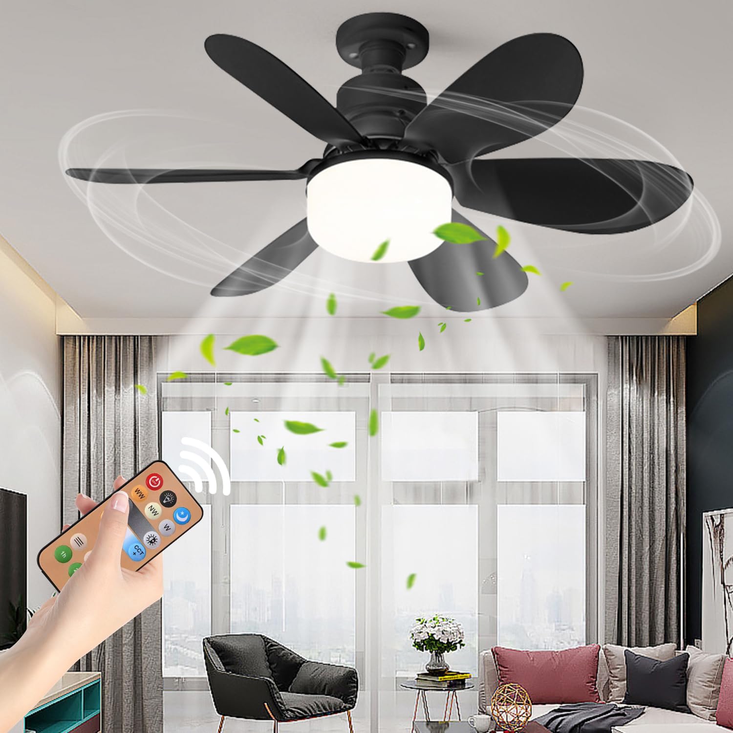 YumSur Ceiling Fan with LED Lights, Ceiling Lamp with Fan and Remote, Timing, 3 Color Dimmable LED, 3 Speeds
