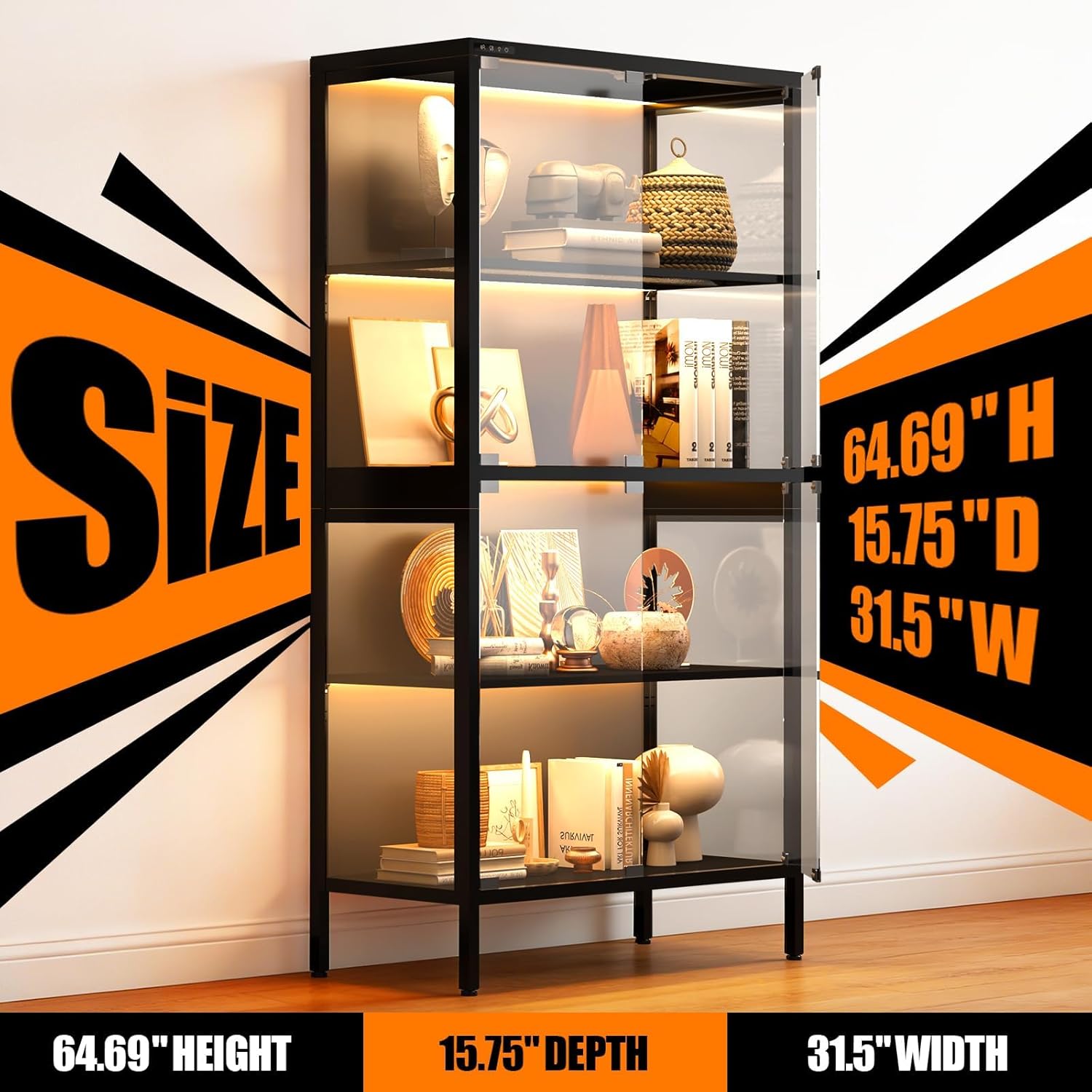 4-Tier Display Cabinet with Glass Doors, Curio Cabinet with 5 Color Lights, Adjustable Display Case, Glass Display Cabinet with Human Body Sensor, Display Cases for Collectibles, Lego, 65"H*32"W*16"D