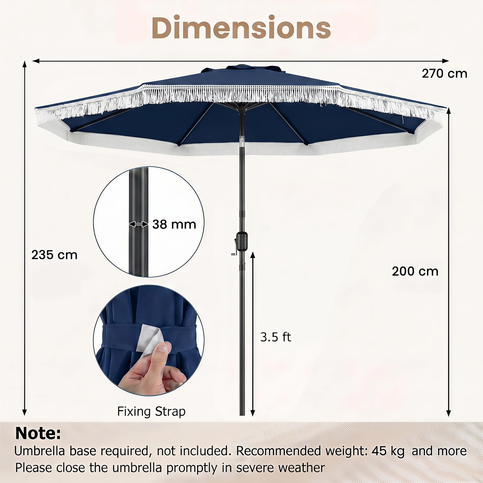 KOMFOTTEU Ø 270 cm Parasol de Jardin Exterieur, inclinable à 30°