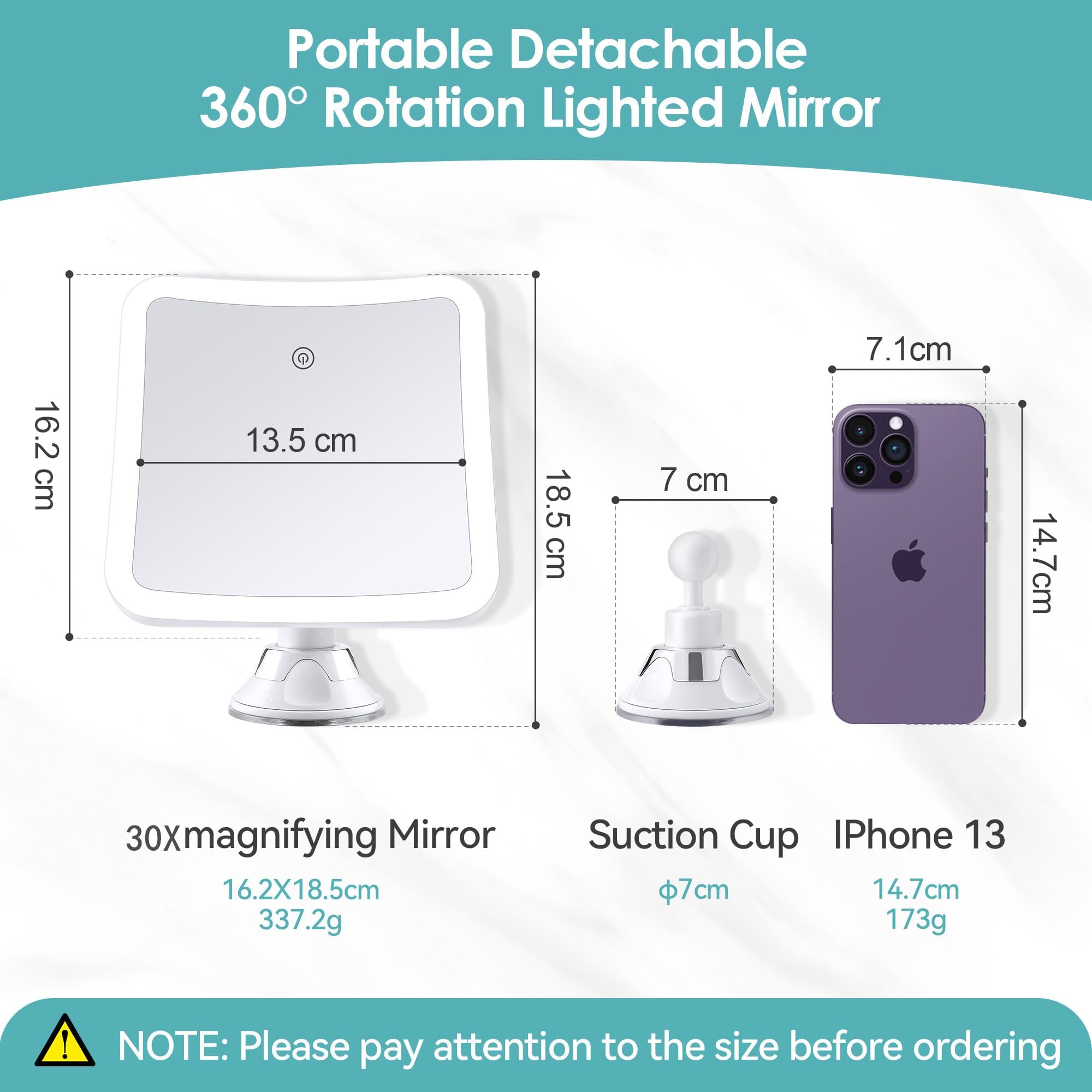 Miroir grossissant avec lumière, Miroir de Maquillage Lumineux grossissant 30x avec contrôle Tactile et Ventouse, Rechargeable, Rotation à 360°, Salle de Bain et Voyage, carré