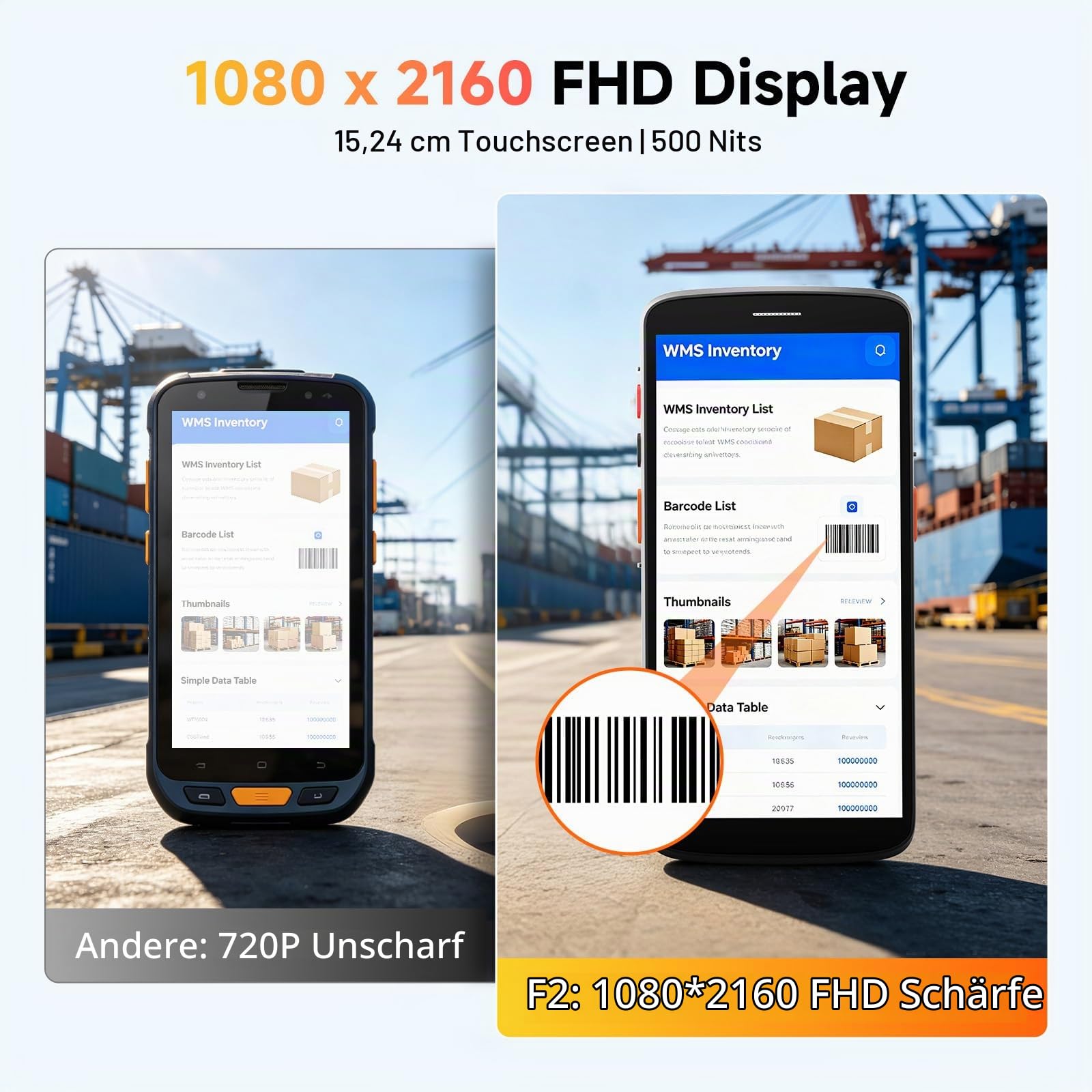 F2 Android 15 Barcode Scanner, 6 Zoll Handheld PDA MDE-Gerät mit Zebra SE4710 Scanmodul, 4GB+64GB, IP67, 4G LTE, WLAN, NFC, 5050mAh Akku, 1D/2D QR Handscanner für Lager, Inventur und Logistik
