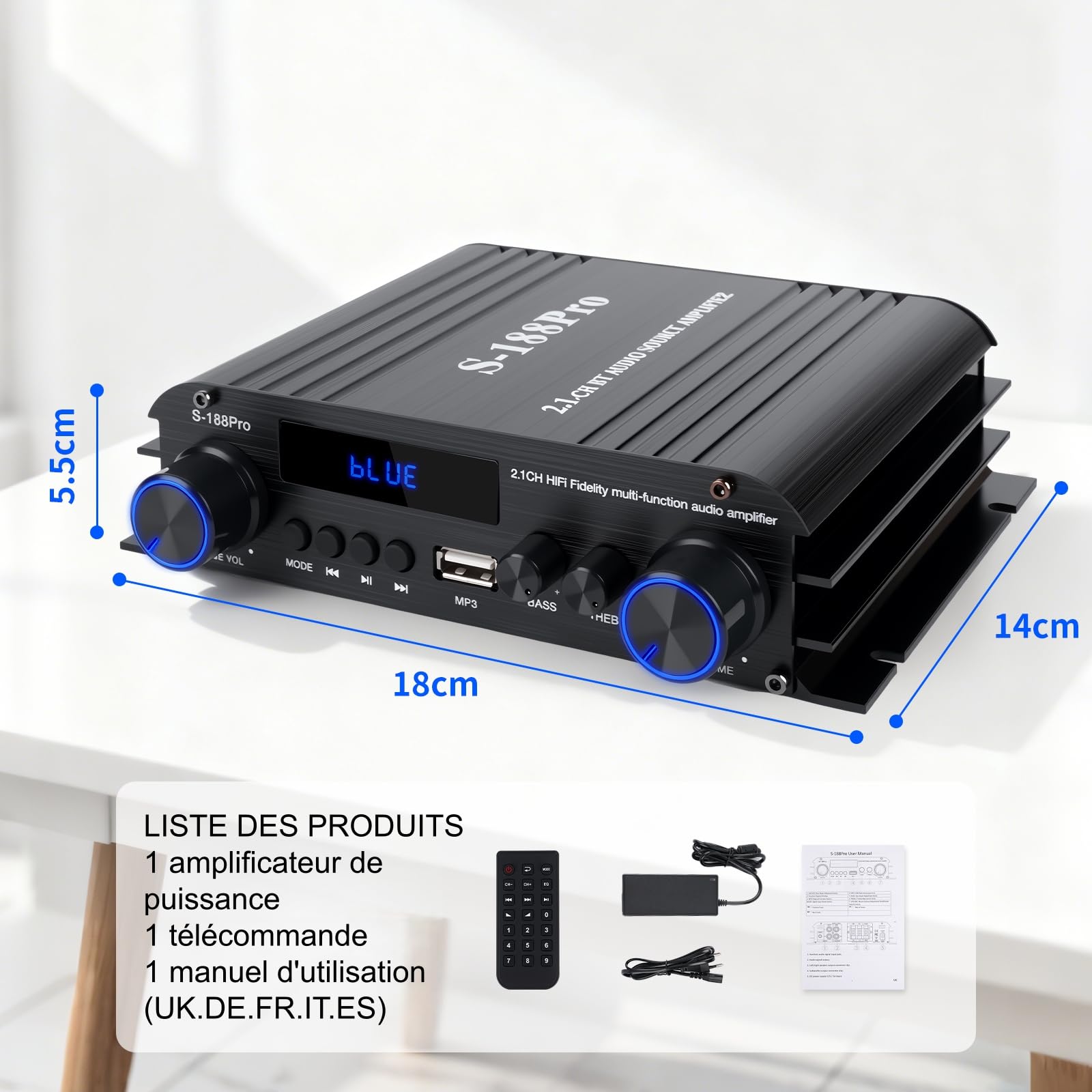 2.1 Chaîne Amplificateur Audio 50W×2 + Caisson de Basse 60W, 1000W Puissance de Crête, Bluetooth 5.3, Aux/USB/MP3, Réglage Grave/Aigu – Pour Home Cinéma, TV, Voiture