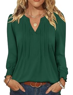 LOMON Womens Tops Dressy Casual Pleated Ruffle Long Sleeve Tunics Tops to Wear with Leggings V Neck Work Blouse - Amazon product rated Grade A