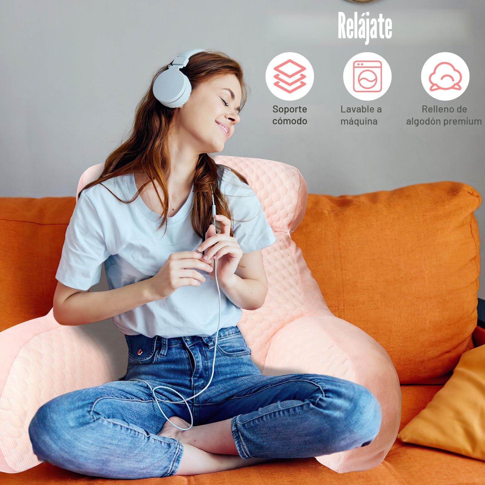 Almohada Lectura Cama, 70x50cm Grande Cojín Lectura Cama con Respaldo Apoyo Lumbar y Cuello Desmontable y Brazos, Cojin Respaldo para Trabajar, Leer o Jugar en la Cama Sofá Suelo (Rosa, X-Large)
