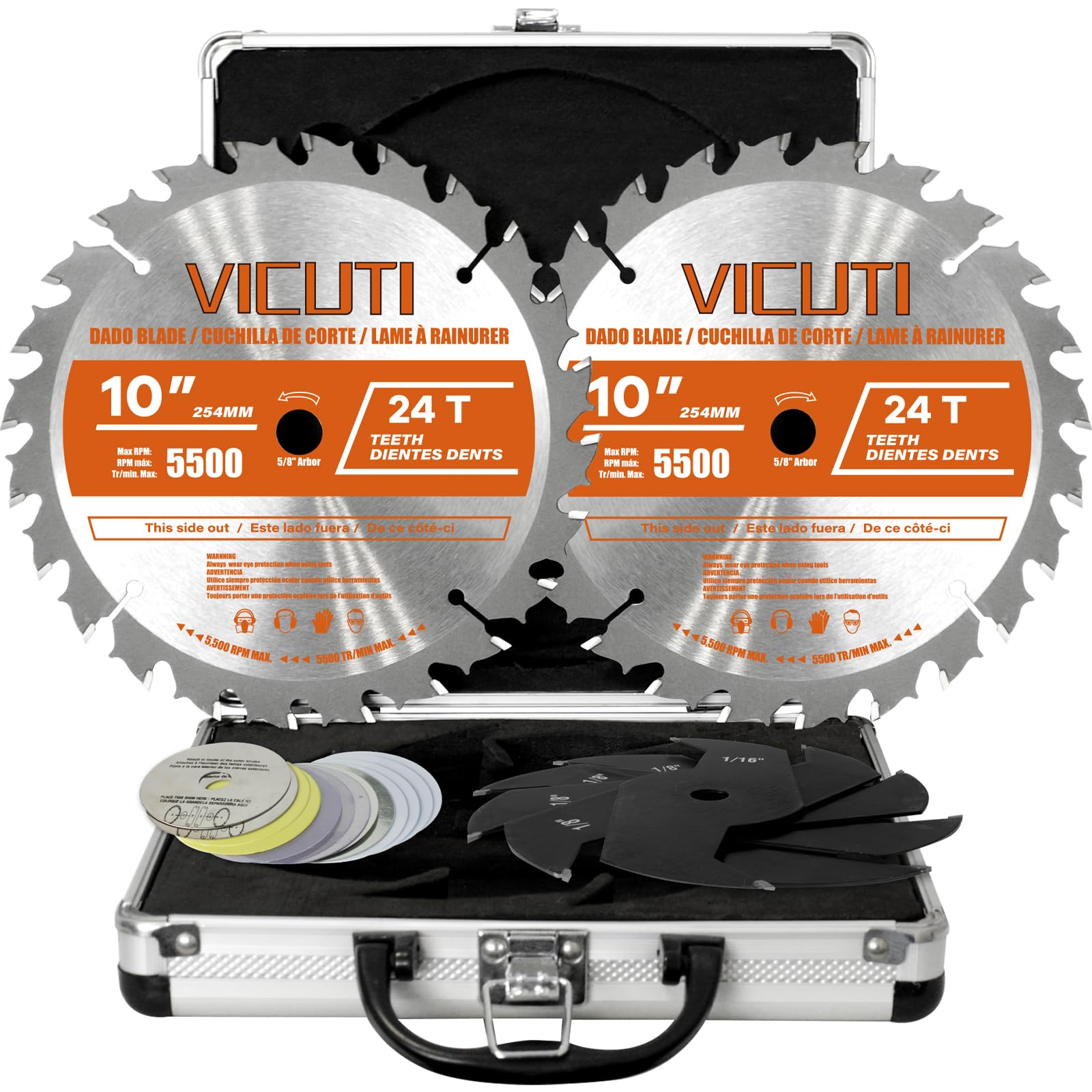 Photo 1 of Vicuti 10'' Stacking Dado Blade Set, Dado Blades for 10 Inch Table Saw 24-Tooth, Fine Finished Dados, Grooves, and Rabbets, 5/8-Inch Arbor, Grooves from 1/4" to 13/16" Inch, 23 Pieces