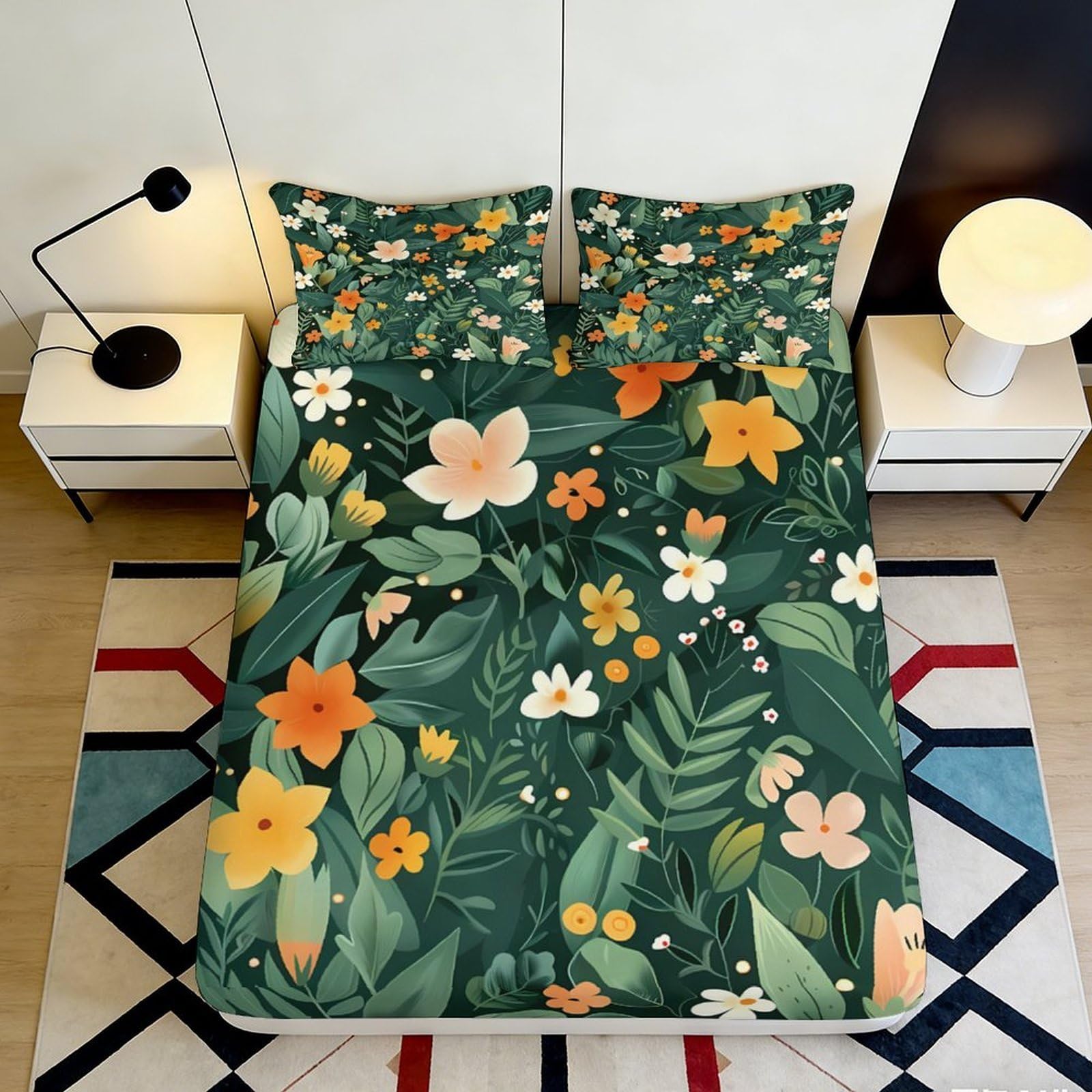 3D Printed Botanical Floral Fitted Sheet Microfiber Soft Green Orange Mattress Cover for Bedroom Dorm Guest Room Decor 160x200x25cm