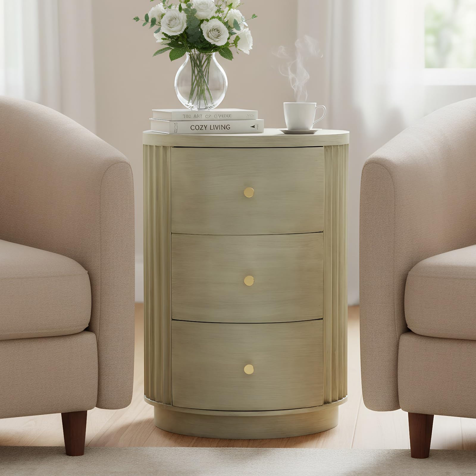 Round Nightstand,Side Table with 3 Drawers,Fully Assembled Modern Bedside Table Storage Cabinet,Night Stand for Bedroom,End Tables for Living Room.16" x 21" H