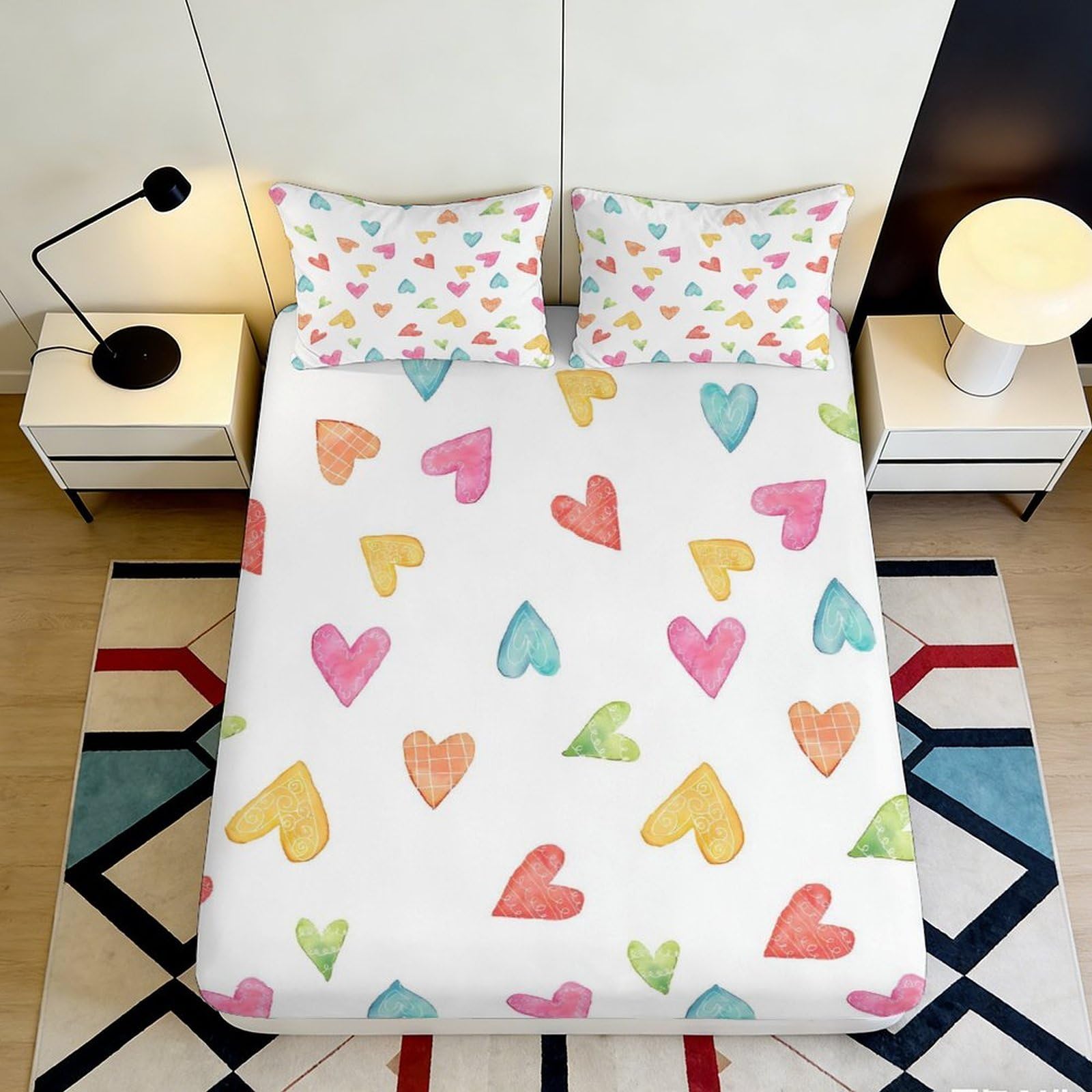 3D Printed Colorful Hearts Fitted Sheet Microfiber Soft Anti-Slip Pastel Love Bed Cover for Bedroom Dorm Mattress Protection Decor 90x200x25cm