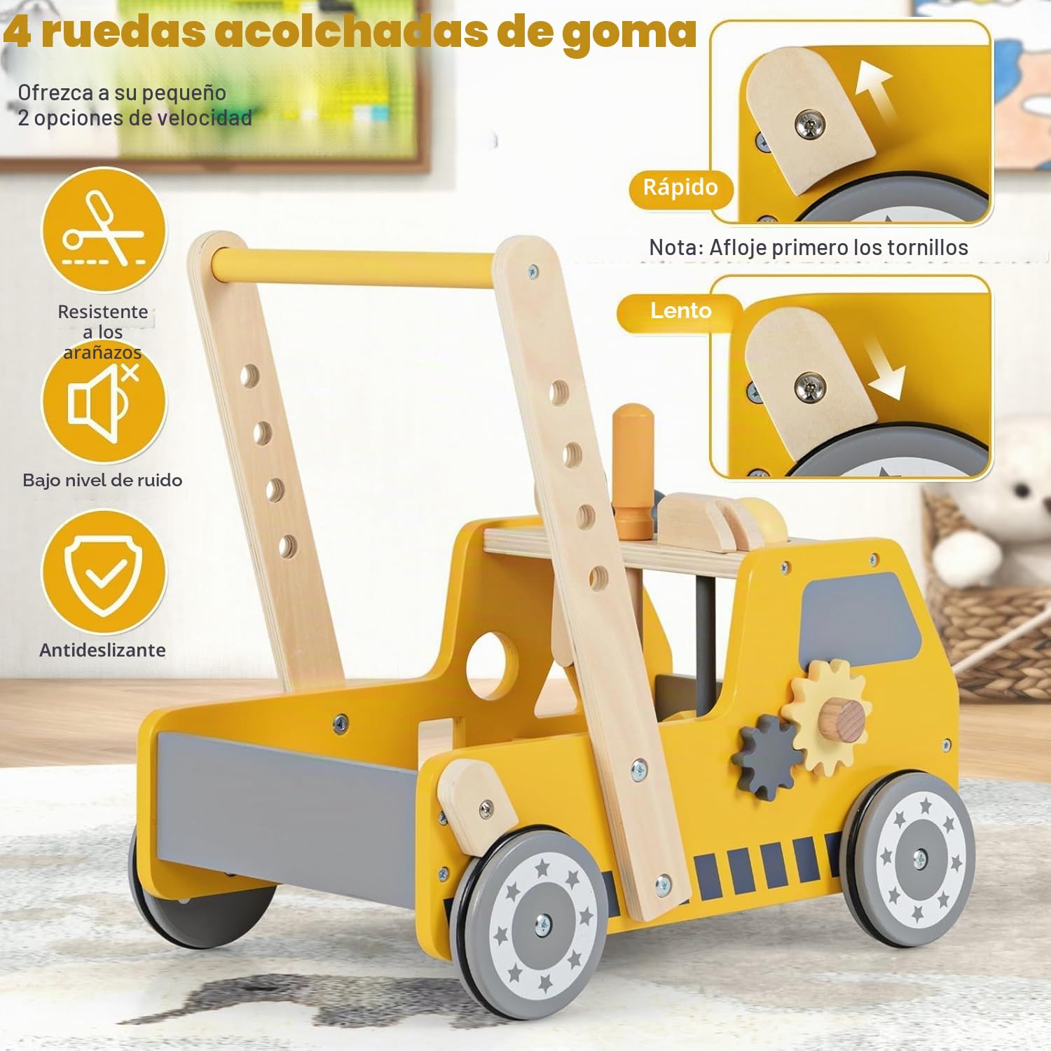 FANTASK Andador de madera, 2 en 1 Baby Walker, andador con centro de actividad múltiple y banco de trabajo, carrito para niños a partir de 1 año en interior