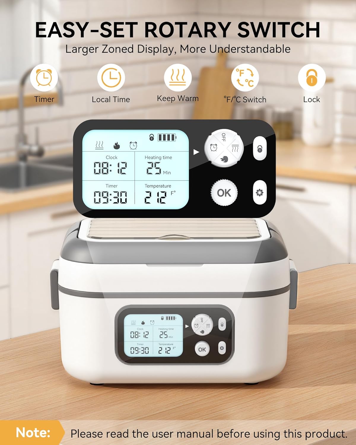 Yofidra Cordless Heated Lunch Box, 24000mAh 100W Electric Lunch Box with Smart Timer, 6.3-Cup Super Large Lunchbox for Men & Women, Portable Food Warmer with Insulated Bag for Outdoor/Office, White - Image 4