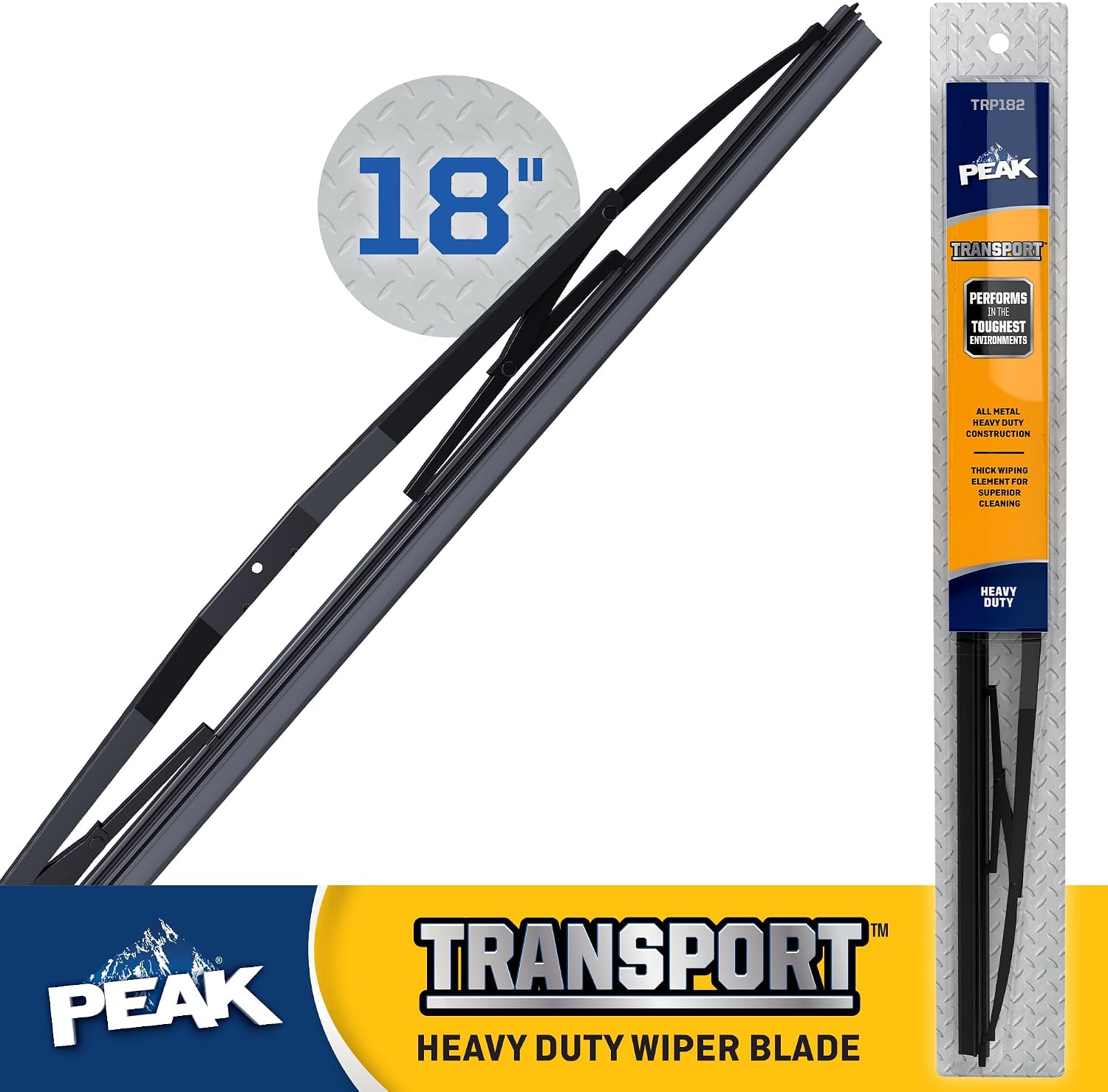 PEAK Transport Heavy Duty Windshield Wiper Blade, Durable Metal Wiper Blade Replacement for Class 6-8 Trucks, Class A RV's, and Transit Buses with Saddle Wiper Arm and High Profile 18" 5 Bar Blade