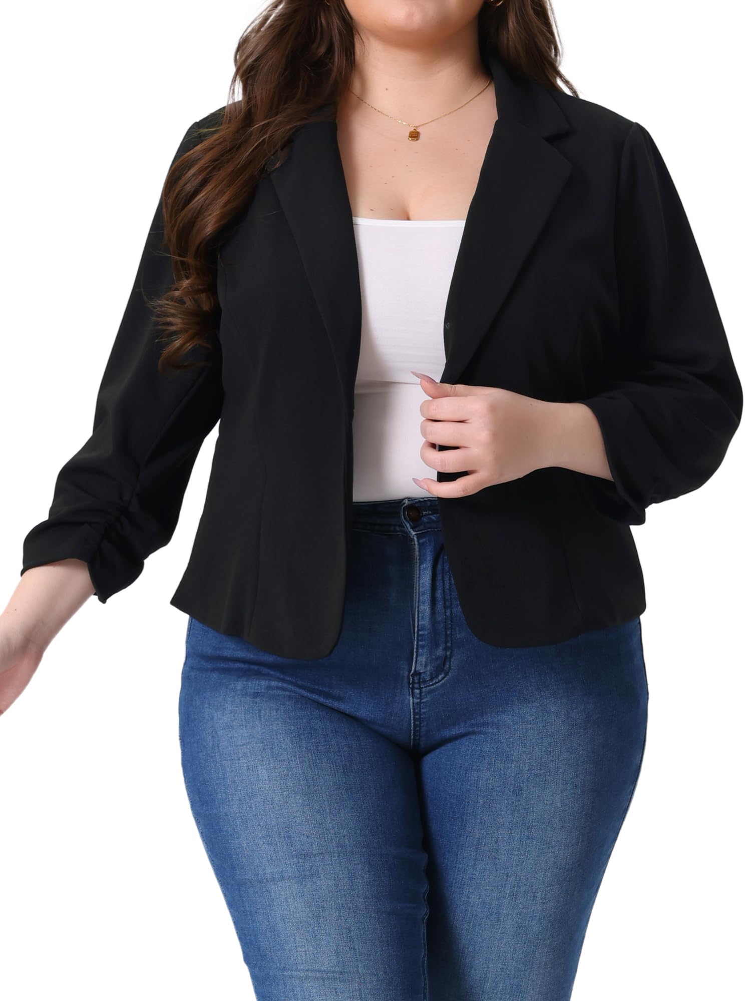Agnes Orinda Womens Plus Size Blazer Dressy Ruched 3 4 Sleeve Casual Notch Lapel Work Office Cropped Blazer