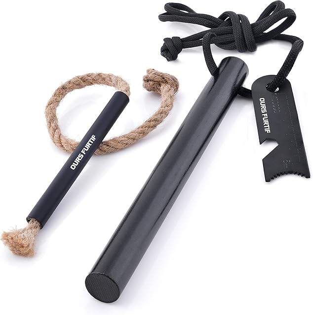 Survival Flint and Steel - Fire Starter Ferrocerium XXL 12mm - Light More Than 20,000 Fires Ferro Rod - Tinder included + Paracord + Pouch - Firestarter Survival Kit for Camping, Bushcraft
