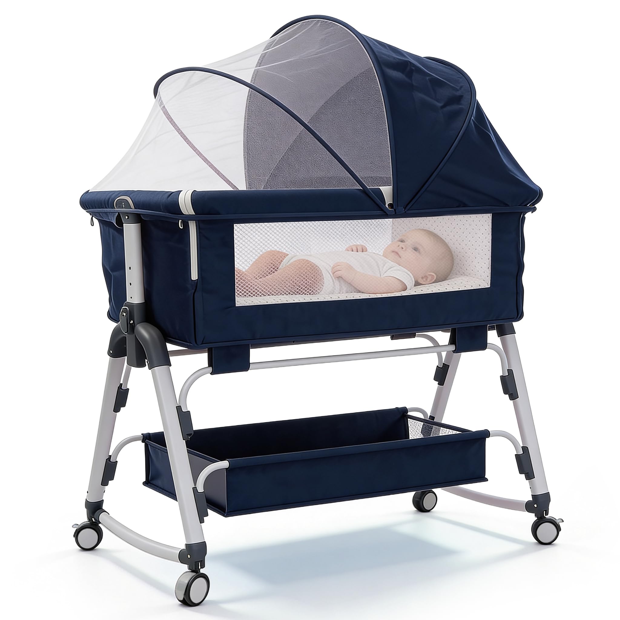 Raganet Cuna Portátil con Mosquitero para Bebé, Colchón Incluido, Ligera y Fácil de Transportar, Protección contra Insectos, Cuna de Viaje, Ideal para Hogar y Exteriores, 0 a 24 Meses (Azul Marino)