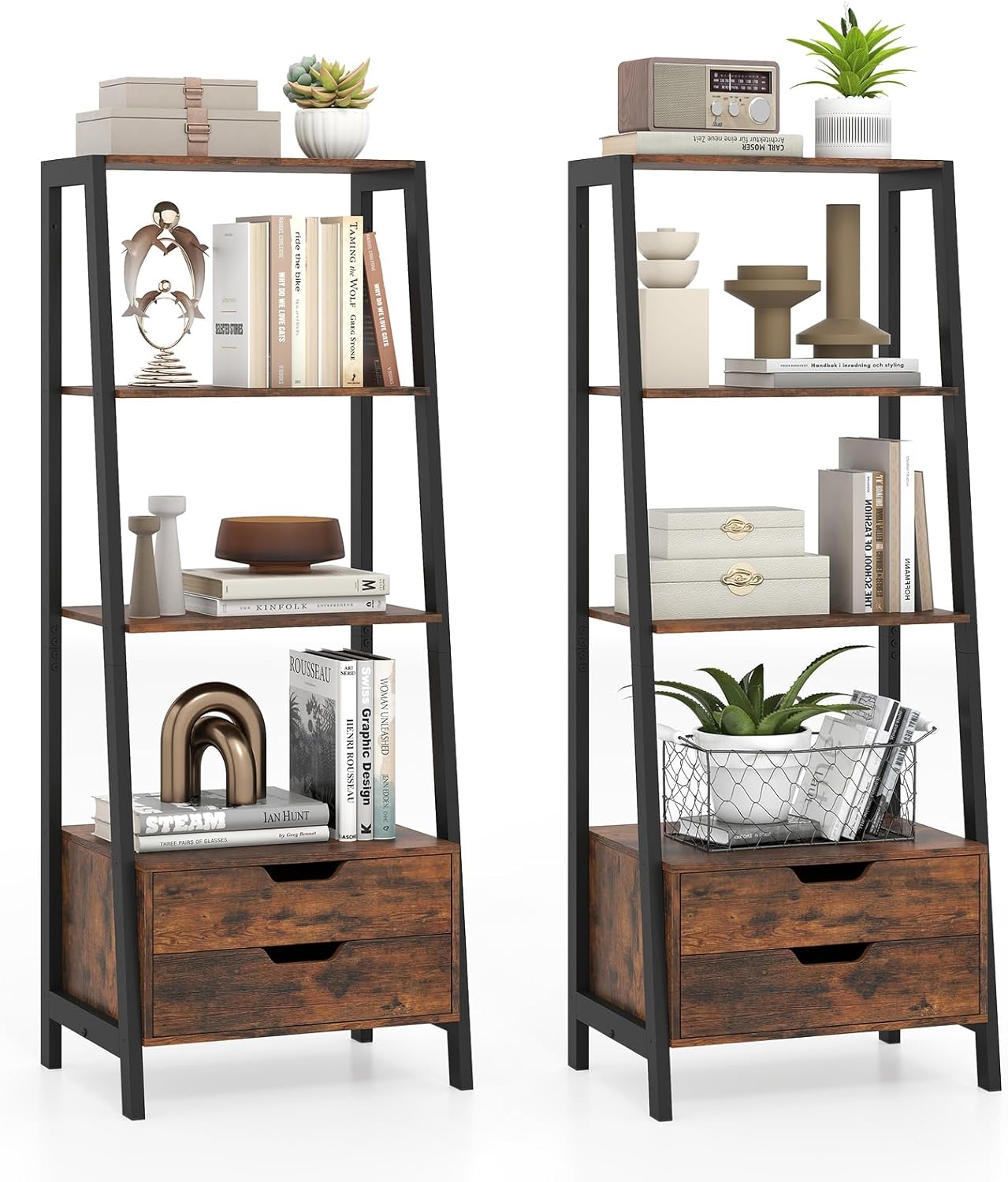 Giantex 4-Tier Bookshelf with 2 Drawers Set of 2, Modern Ladder Bookshelf w/Storage, Sturdy Metal Frame, Anti-toppling Devices, Display Standing Shelf Unit, Freestanding Bookcase, Rustic Brown
