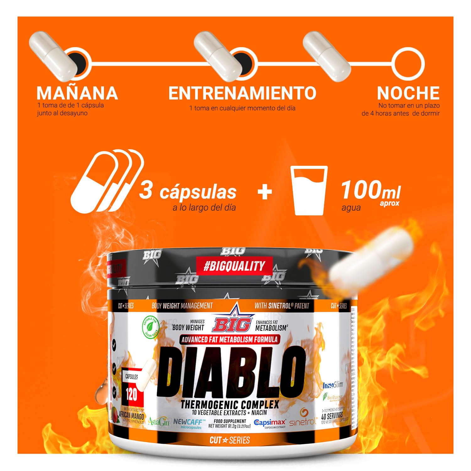 BIG - Quemagrasas Potente para Adelgazar muy Rapido, Fórmula Exclusiva con 10 Ingredientes, Elimina la Grasa y Ayuda a Bajar de Peso, Acelera el Metabolismo en Hombre y Mujer, 40 Servicios, 120 caps