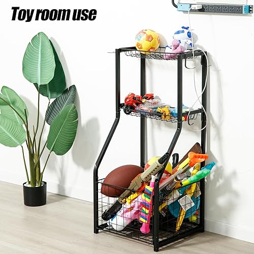 Miniatura 5 de YueTong Organizador de equipo deportivo para organización de garaje, almacenamiento de pelotas con soporte de baloncesto y estante para carrito de