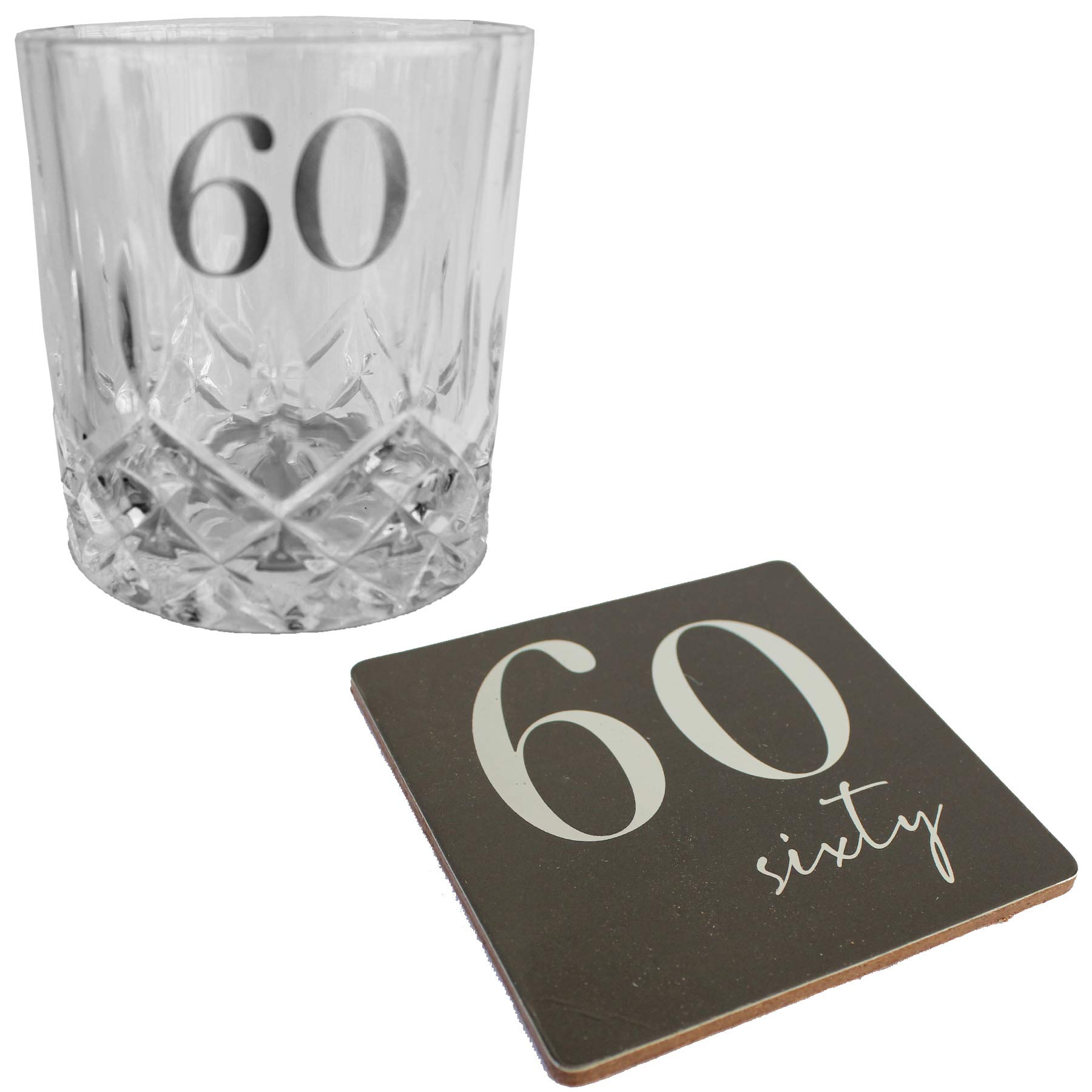 60th Birthday gift Cut Glass Whisky Tumbler & Coaster Set Gift Box