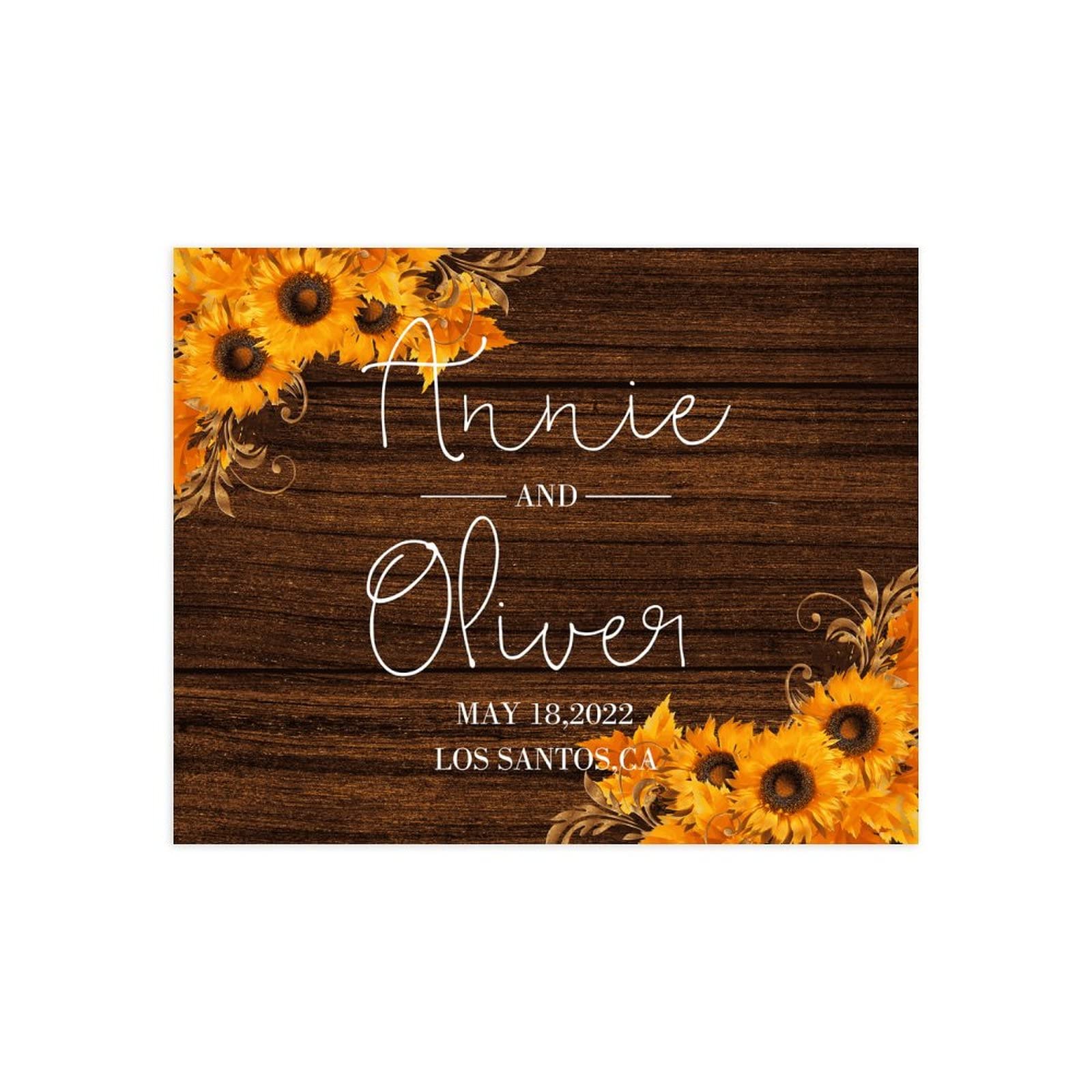 Żółty, słonecznik jesień ślub Woodgrain znak spersonalizowany znak powitalny dla panny młodej wykonane na zamówienie dowolne imię 'Welcome to Our Wedding Sign' / recepcja znak 45 x 61 cm