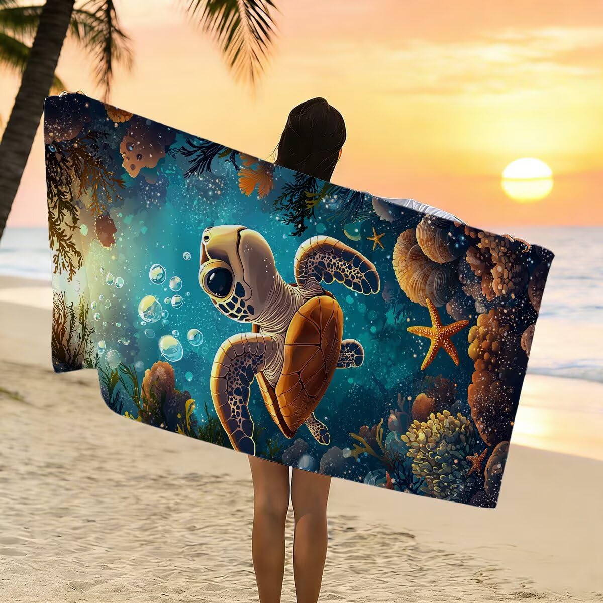 Telo Mare Microfibra, Telo Mare Grande 100x200cm 2 Pezzi, Asciugamano Palestra Donna Asciugatura Rapida, Antisabbia Asciugamano Microfibra, Leggero Asciugamani Palestra per Regalo (Tartaruga) -4444
