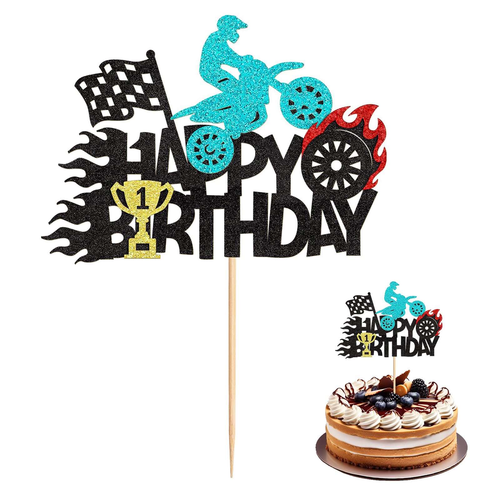 Motorbike Cake Topper – 1 PC Motorcycle Happy Birthday Cake Decoration Pick – Dirt Bike Cupcake and Cake Topper for Men, Boys & Sports Theme Birthday Parties
