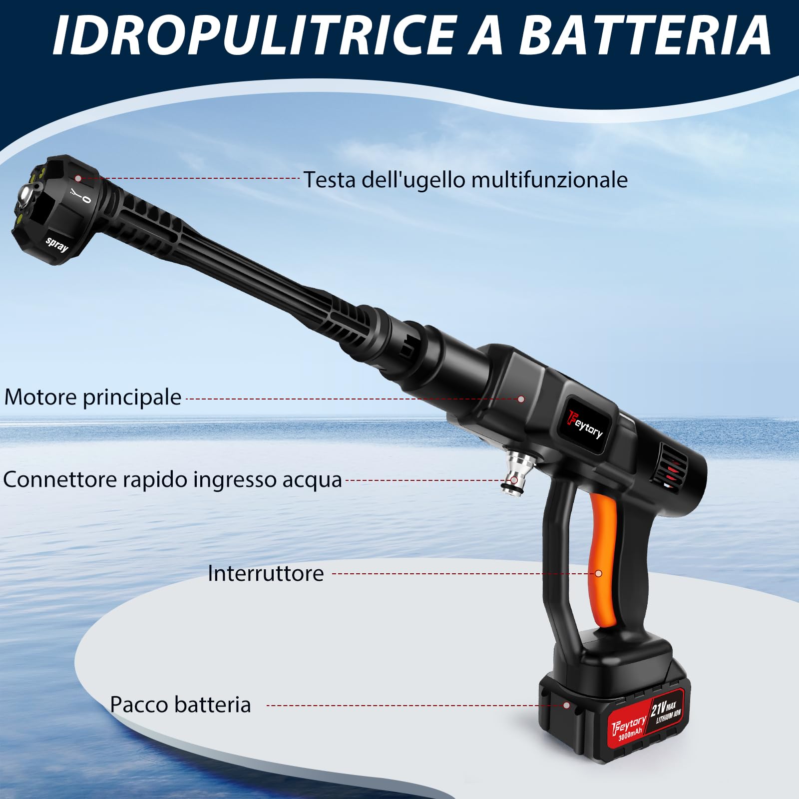 Idropulitrice a batteria,45bar 652PSI Idropulitrice Elettrica portatile, con Ugelli 6 in 1, 5m Tubo, 3000mAh Batterie e Caricabatteria per Lavaggio, Auto, Giardino, Terrazza, Prato e Annaffiare Fiori