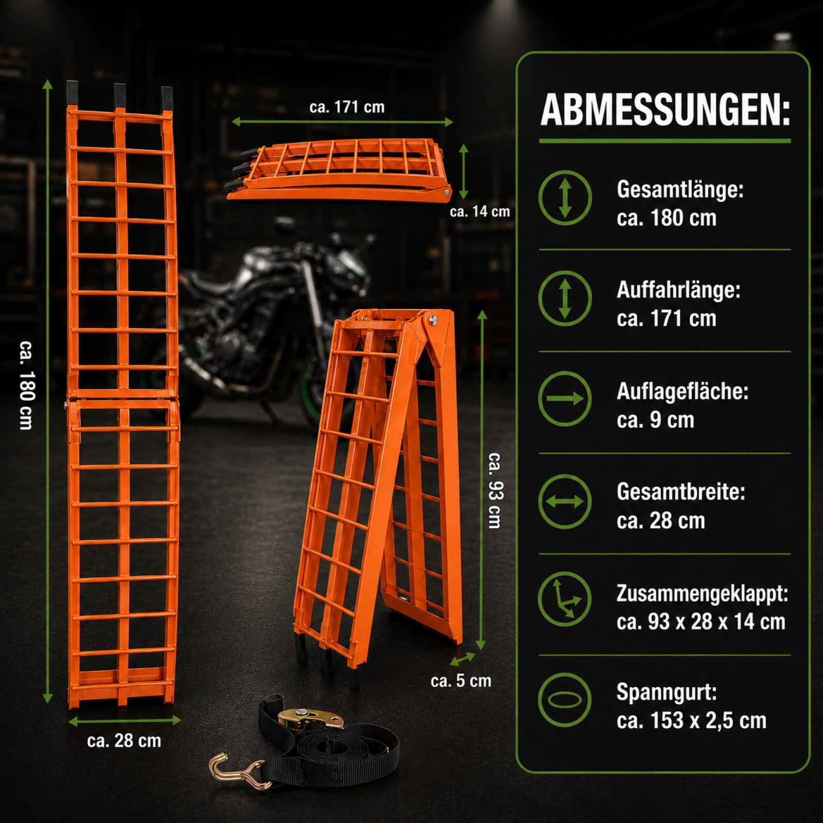TRUTZHOLM Auffahrrampe klappbar Länge 180 cm Traglast 340 kg | Faltbare Laderampe Alu Verladerampe Antirutsch für Motorrad ATV Quad PKW Auto