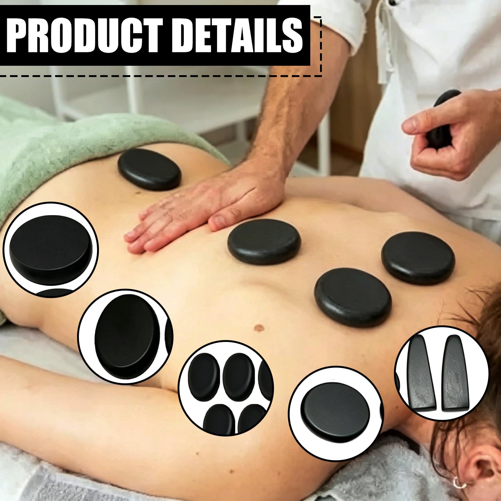 Hot Stone - Juego de 21 piedras de masaje de basalto en maletín térmico, portátil, piedras de masaje calientes de basalto, set de calentadores de piedras de masaje para terapia de masaje, relajación y